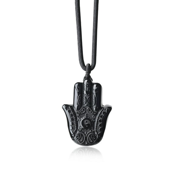 COAI Healing Black Obsidian Stone Hamsa Hand Pendant Necklace for Men Women