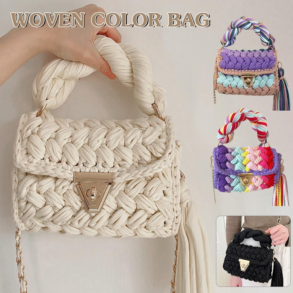 Fashion Colorful Crochet Women Handbag Tassel Thick Rope Woven Shoulder Bags= C9O7