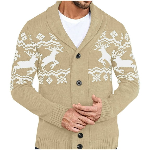 ZVNAΖH Mens Casual Cable Knit Cardigan Sweater Long Sleeve Ugly Xmas Sweaters Shawl Collar Reindeer Snowflake Pattern Knitted Sweater