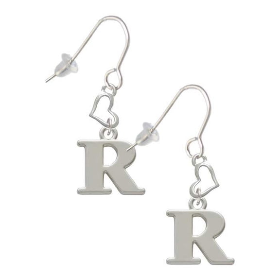 Silvertone Large Initial - R - Heart French Earrings