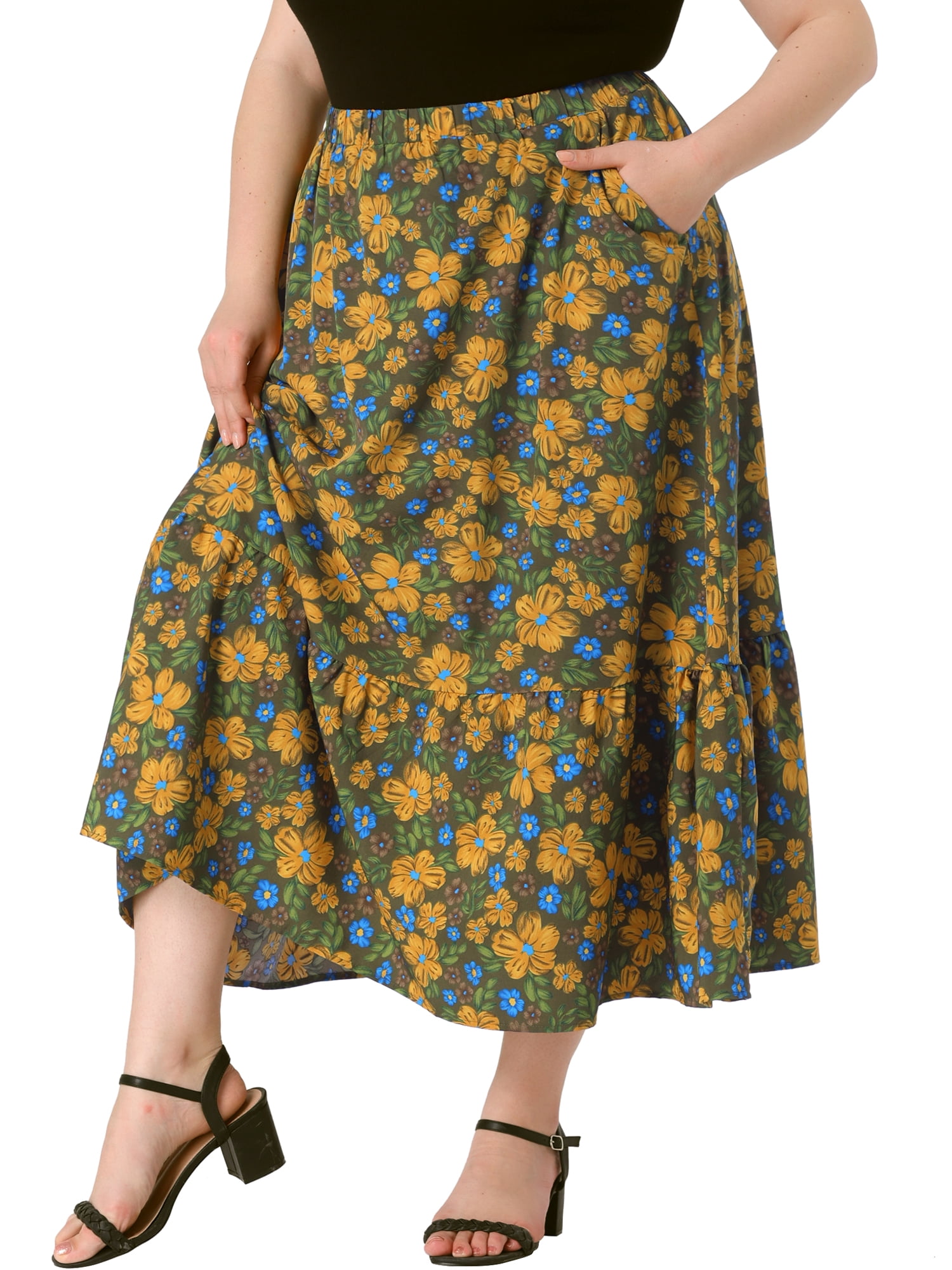 DARING DIVA Women's Plus Skirts Floral Stretchy Waist Layered Maxi Skirt 4X Green Yellow