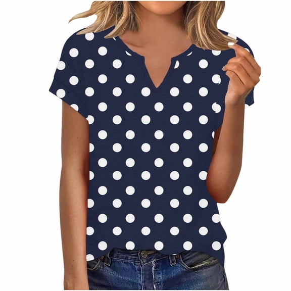 Ruimatai Women's Tops V-Neck Short Sleeve Blouse Polka Dot Print Casual Soft Breathable Summer Top