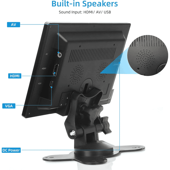 7 Inch Small Monitor, Raspberry Pi Screen Built-in Speakers, Mini Display 1024 x 600, 60 Hz, 5ms, IPS Screen Display w/Remote Control, HDMI VGA AV BNC Input, Computer PC Monitor
