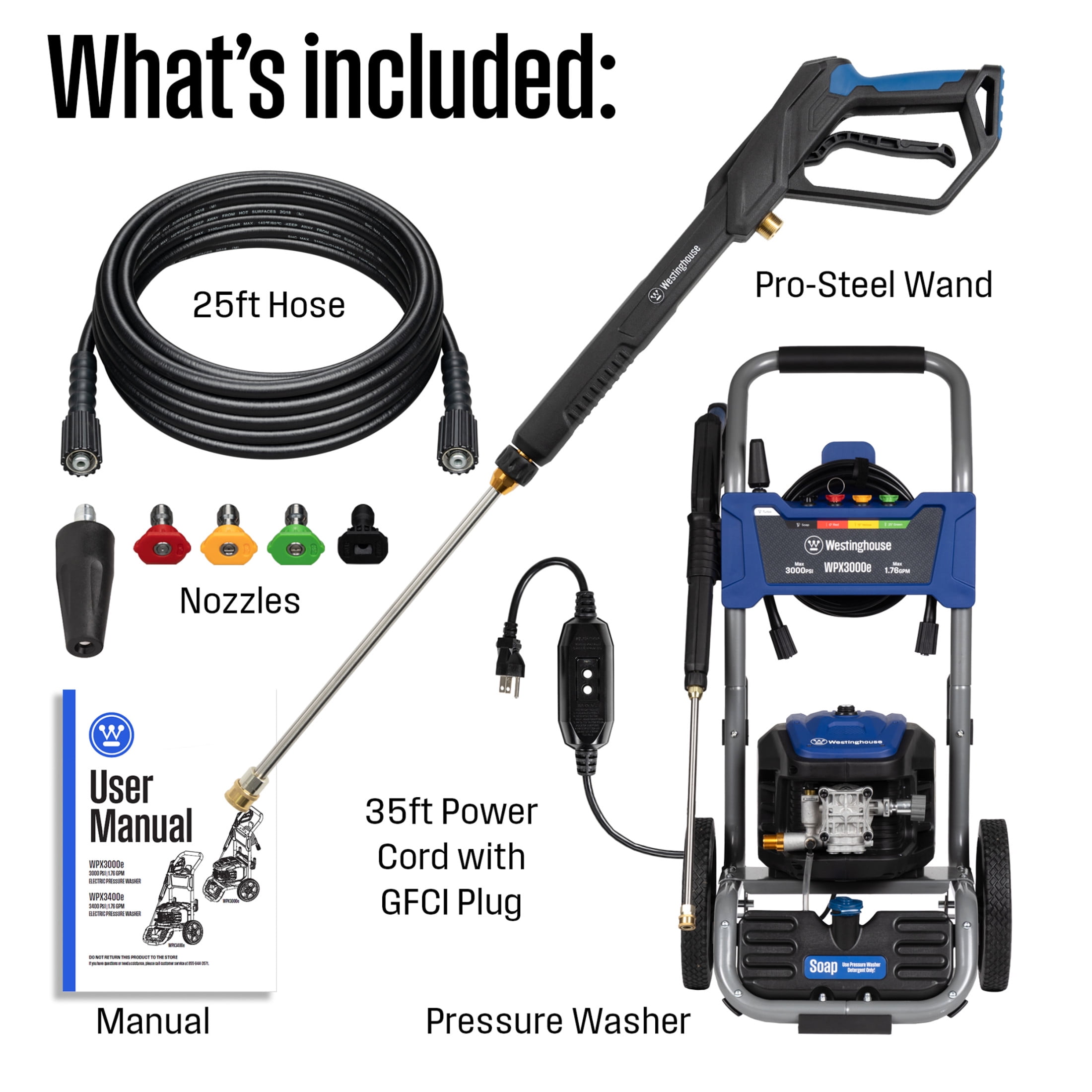 Westinghouse WPX3000e Heavy Duty 3000 Max PSI 1.76 Max GPM Cold Water Electric Pressure washer with 5 Spray Tips and Soap Tank