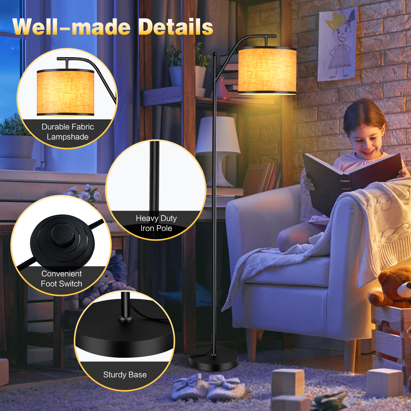 Giantex Floor Lamp for Living Room, Mid Century Tall Pole Lamp, Indoor Reading Standing Light