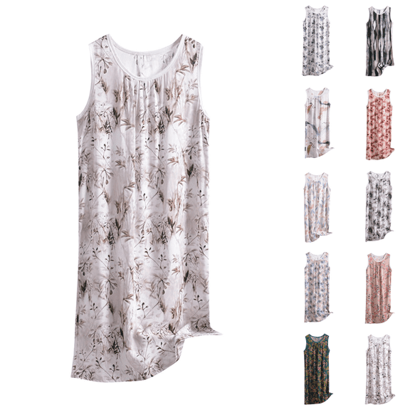Yuanlook Women's Plus Size Floral Print Sleeveless Sleep Dress, Round Neck Gathered Pleat Design Loose Breathable Midi Tank Nightgown Loungewear XL-6XL