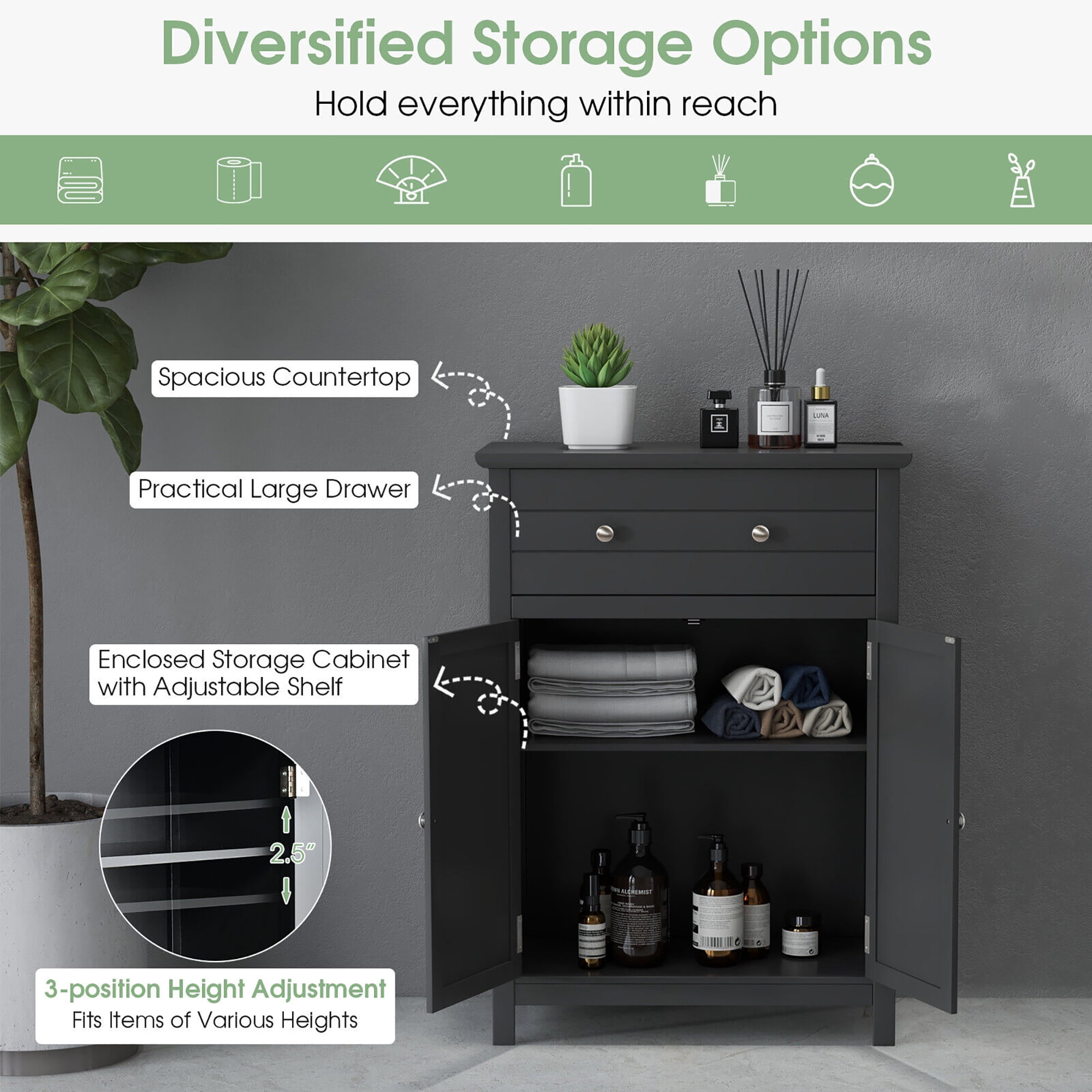 Gymax Bathroom Floor Cabinet Wooden Storage Organizer with Drawer & Doors Blcak