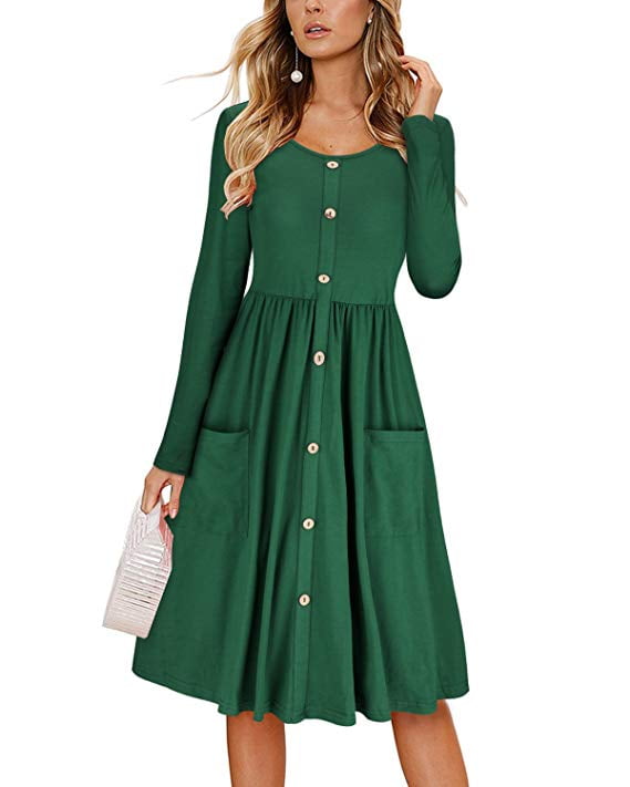 Women's Dresses Long Sleeve Casual Button Down Swing Dress with Pockets