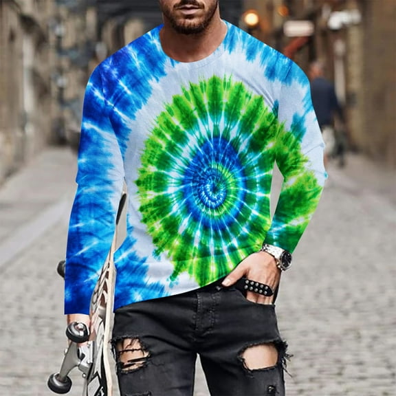 Zylanna Men's Long Sleeve T-Shirts, Homewear Tie Dye Crew Neck Loose Casual Tops for Men Blue