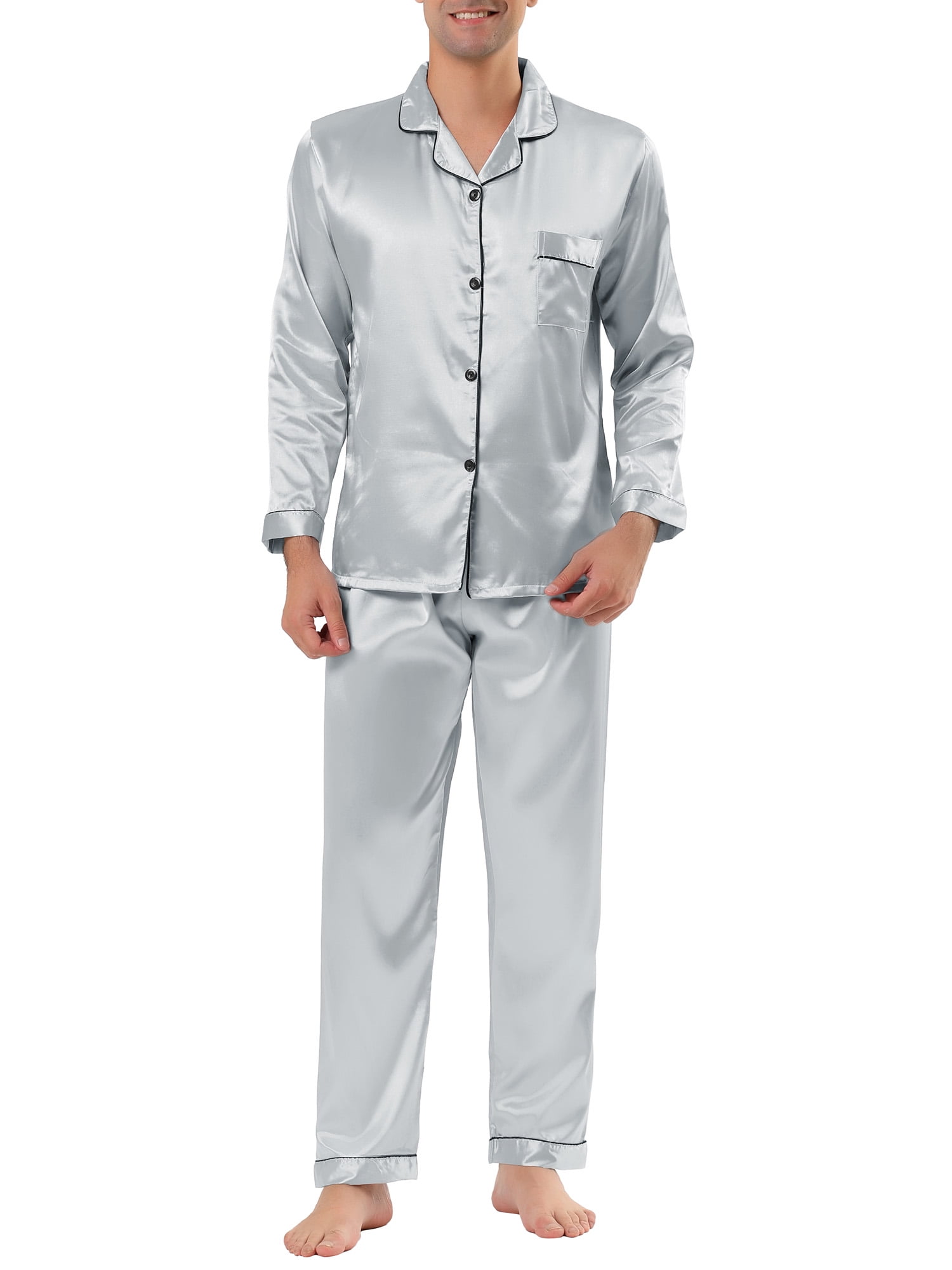 Details about   Men's Satin Pajamas Long Button-Down Pj Set Sleepwear Loungewear 