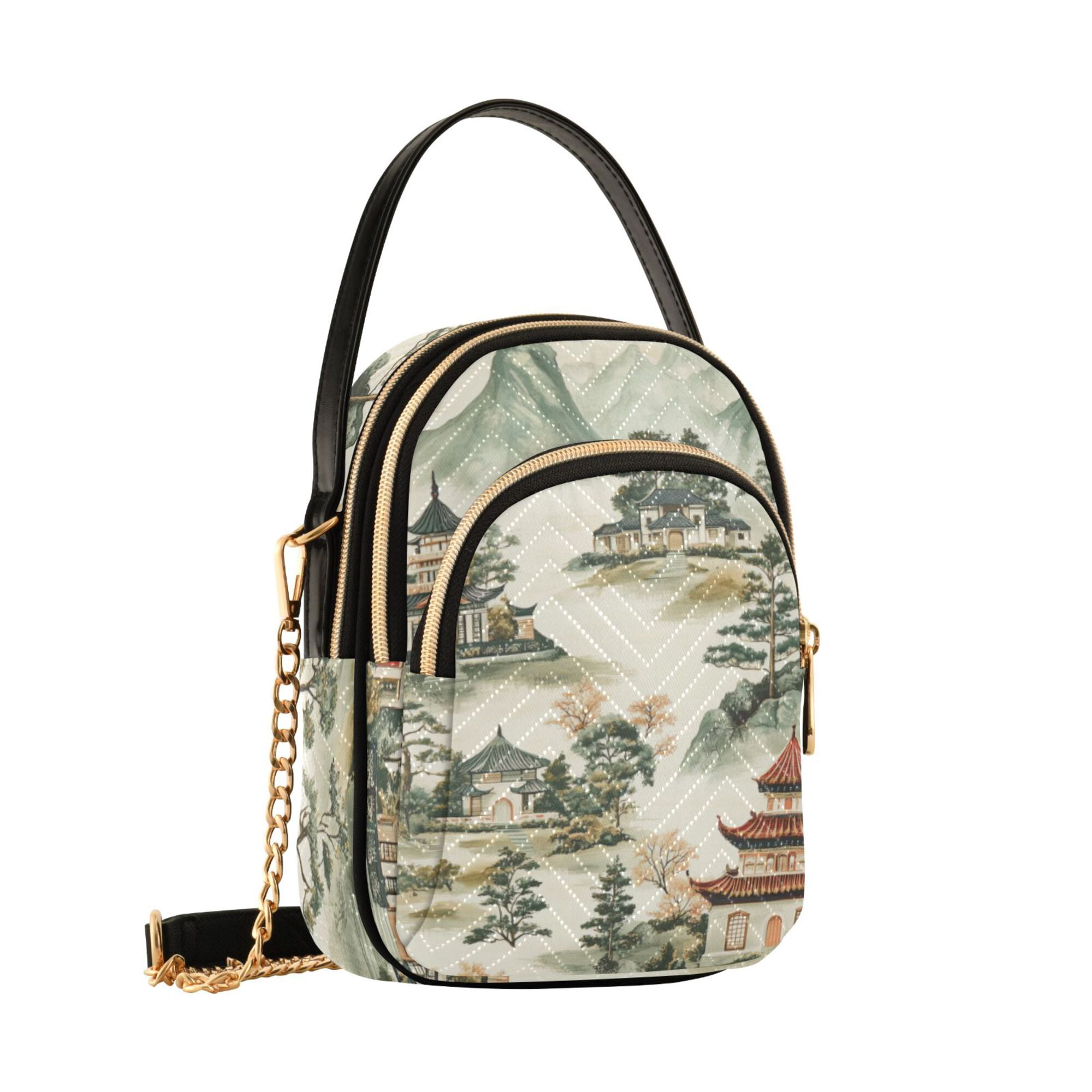 FORMRS Crossbody Bag for Women Quilted Travel Shoulder Cell Phone Purse with Chain Strap Handbag, Green Mountain Pattern