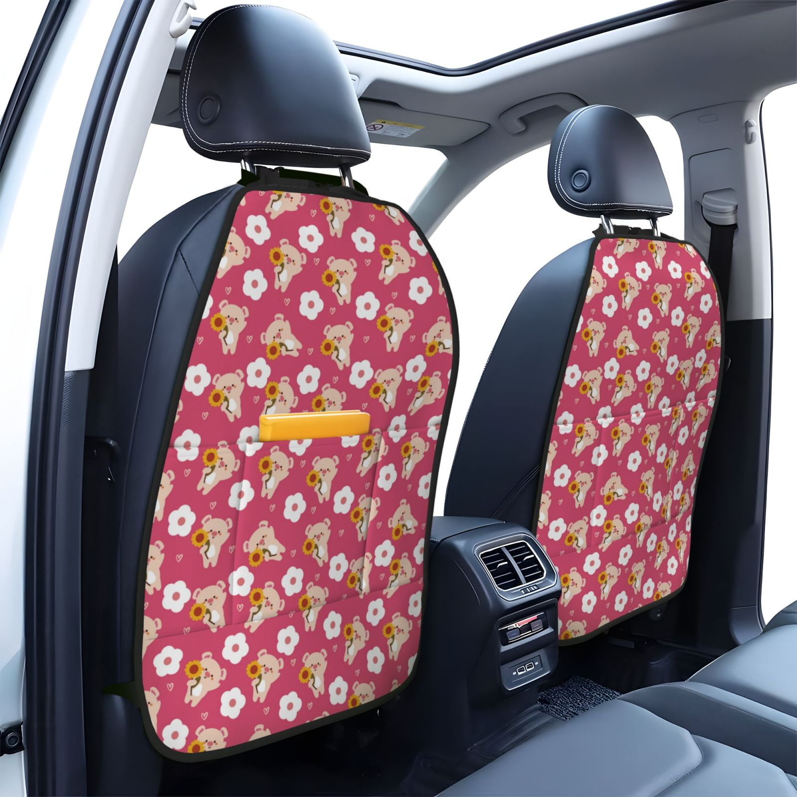 Xecao Piggy Sunflower Pattern Car Seat Back Protector 2 Pack Large Capacity Pocket, Kick Mats Back Seat Protector