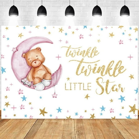 Twinkle Twinkle Little Star Backdrop Pink Moon Stars Baby Shower Photography Background Girl Boy Bear Birthday Party Decorations Supplies Cake Table Banner Photo Studio Props