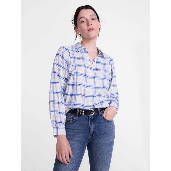 Scenario Women's Plaid Shirt with Long Puff Sleeves, Sizes XS-XXXL