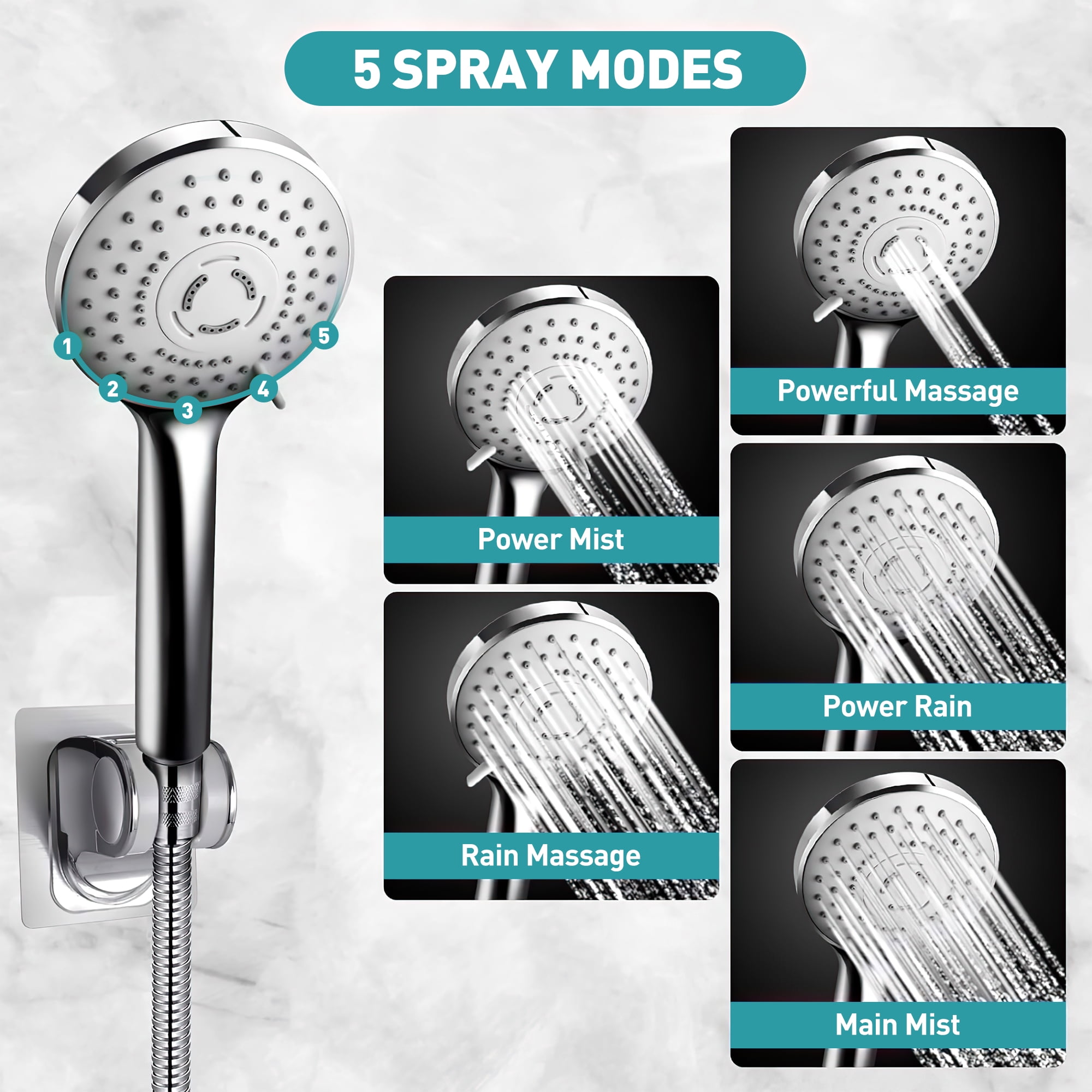 Cshidworld Dual Shower Head Combo, 8" High Pressure Rain Shower Head with 11" Adjustable Extension Arm, 5 Settings Handheld Shower Head with 59" Hose & Holder, Silver Chrome