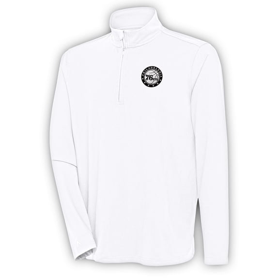 Men's Antigua White Philadelphia 76ers Metallic Logo Hunk Quarter-Zip Pullover