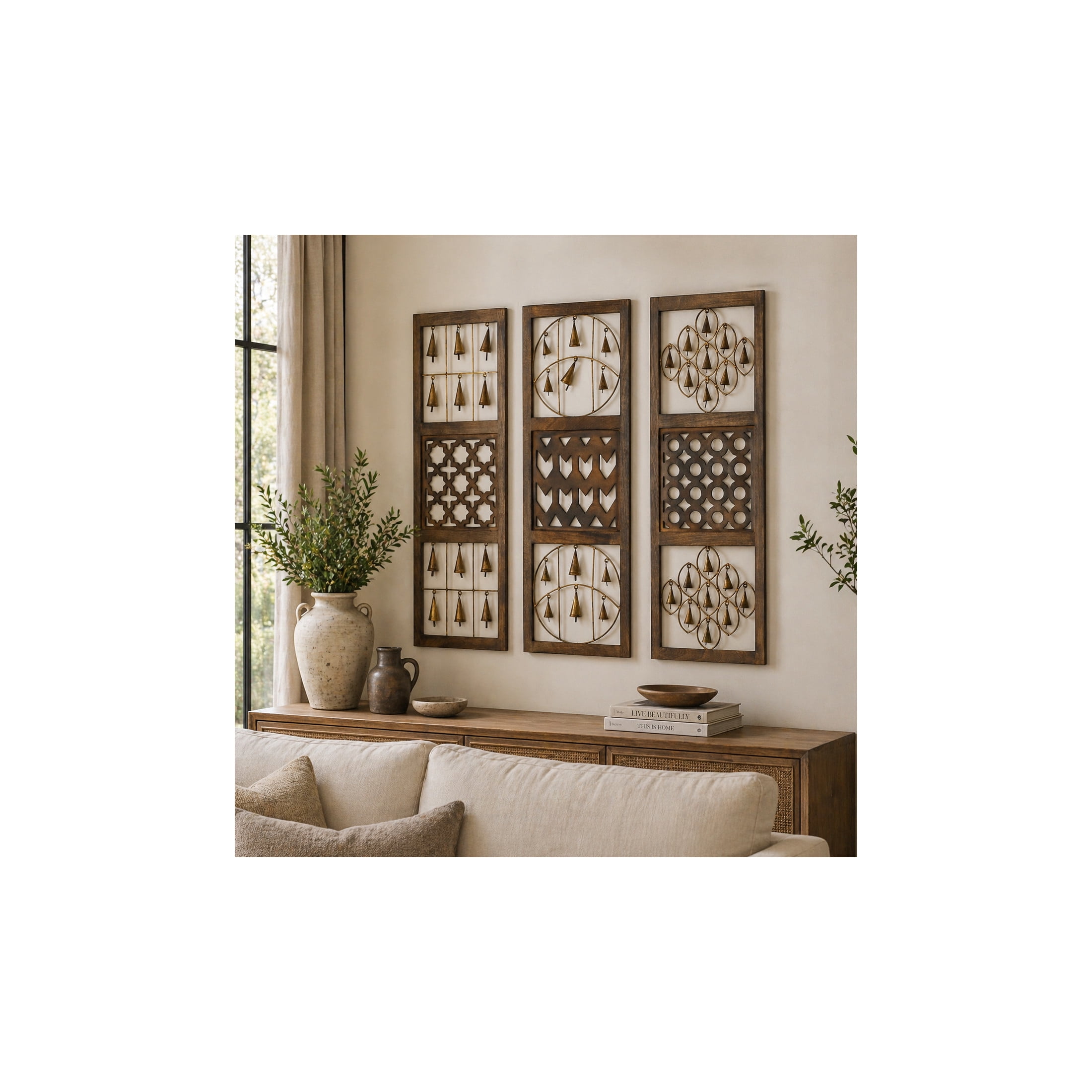 DecMode Farmhouse Carved Wood Cutouts with Hanging Bells Wall Décor, Set of 3 12"W x 36"H