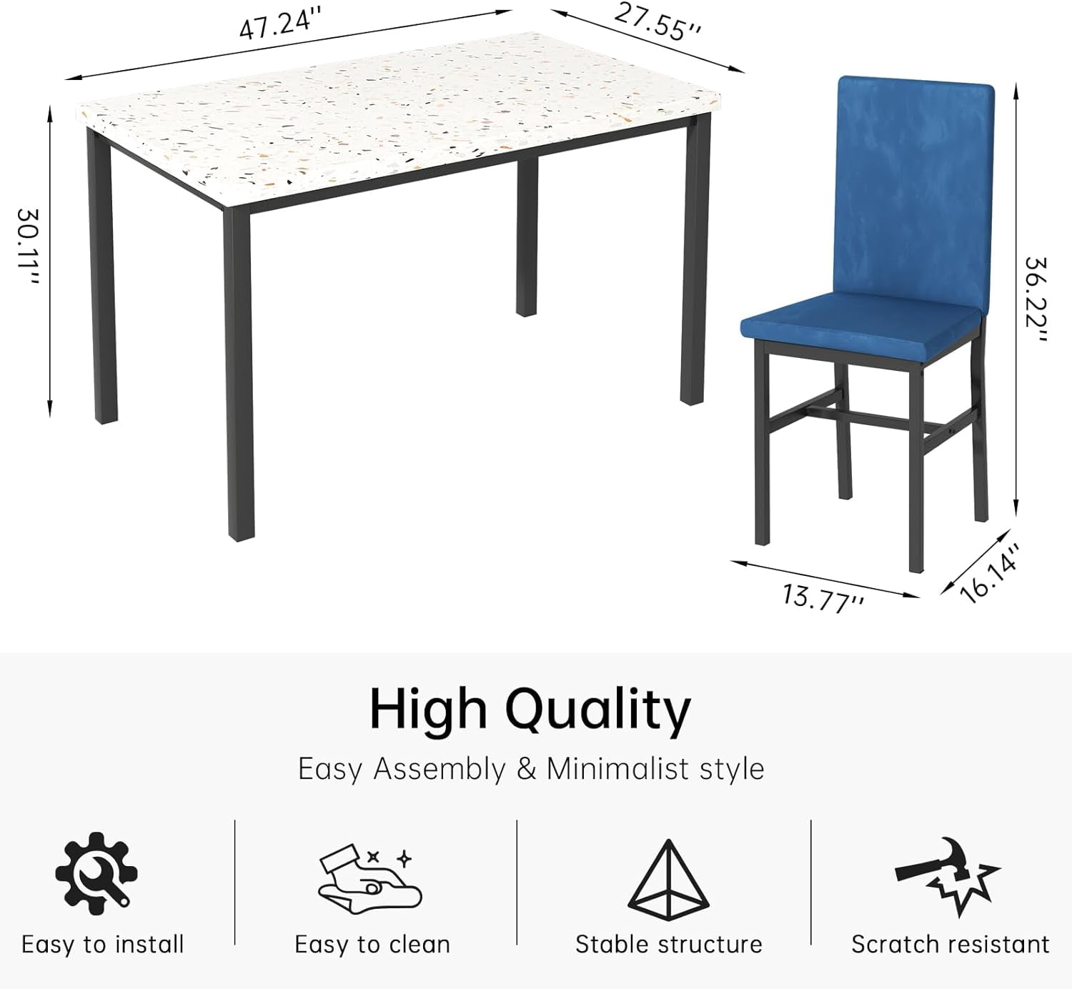 4-person dining table set, modern artificial marble dining table set, kitchen table and chair set of 4 pieces, with 4 PU leather chairs, suitable for small spaces, apartments, restaurants,Blue