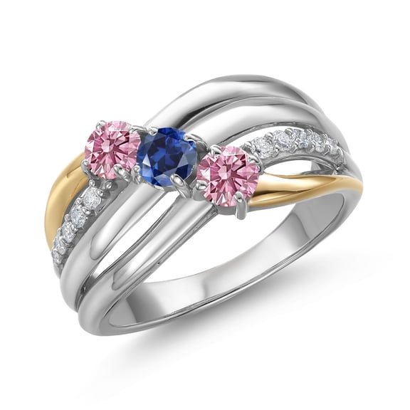 Gem Stone King 925 Silver and 10K Yellow Gold Pink Lab Grown Diamond and Blue Created Sapphire and Lab Grown Diamond Engagement Ring for Women | 0.90 Cttw | Round 4MM | April Birthstone | Size 8