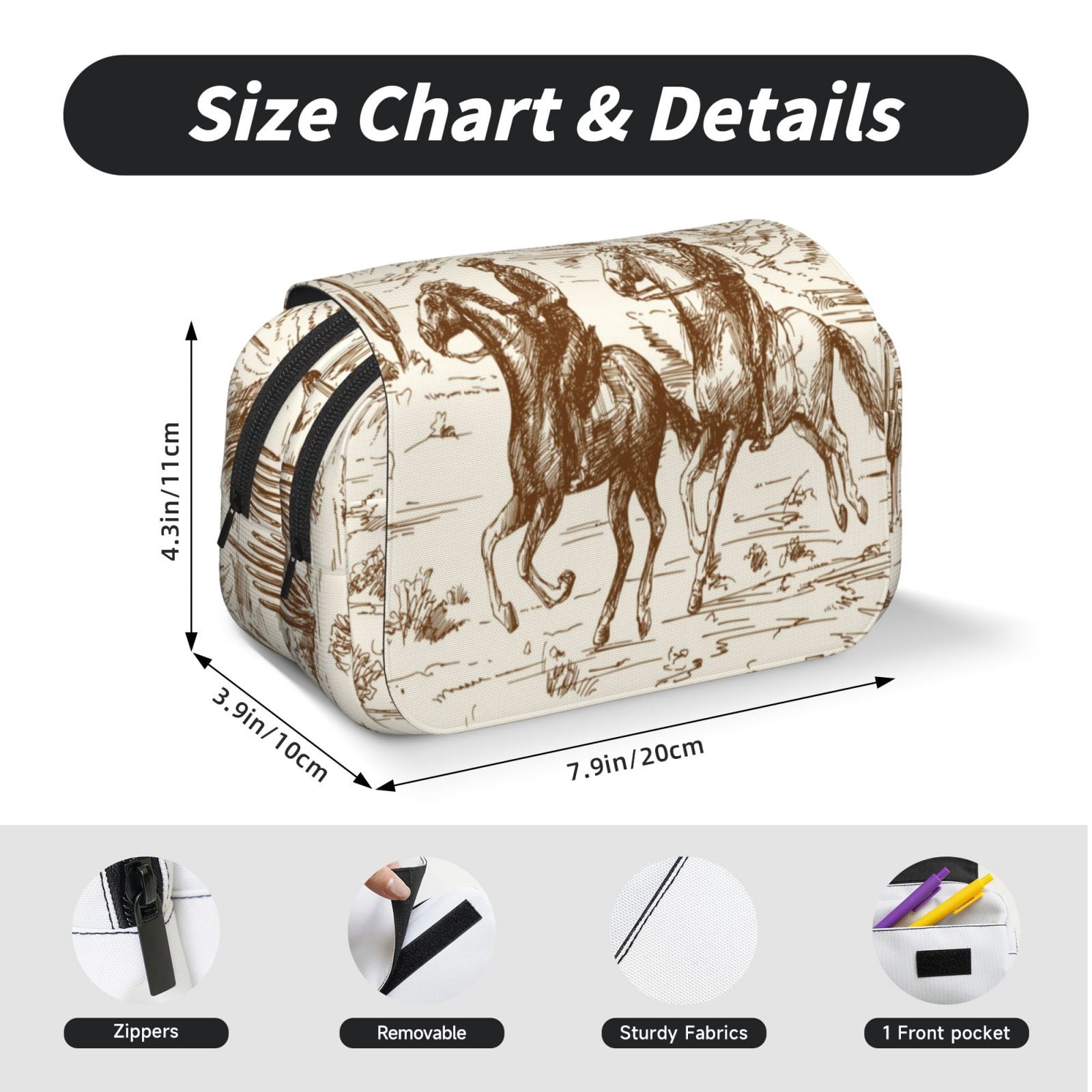 Rateoe Western Desert Cowboys1 Pattern Double Clamshell Pen Case, Storage Organizer with Two Zipper Compartments– Holds Up to 50 Pencils & Pens