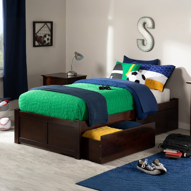 Concord Lit Plateforme Simple TG avec Pied de Lit et 2 Tiroirs de Rangement en Noyer