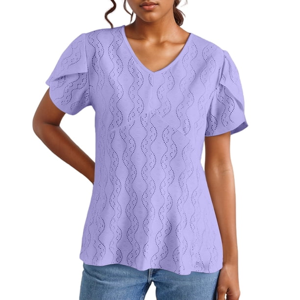 Camiseta de mujer con cuello en V para primavera-verano: color liso, manga corta, ligera y transpirable, informal y versátil, estilo relajado.