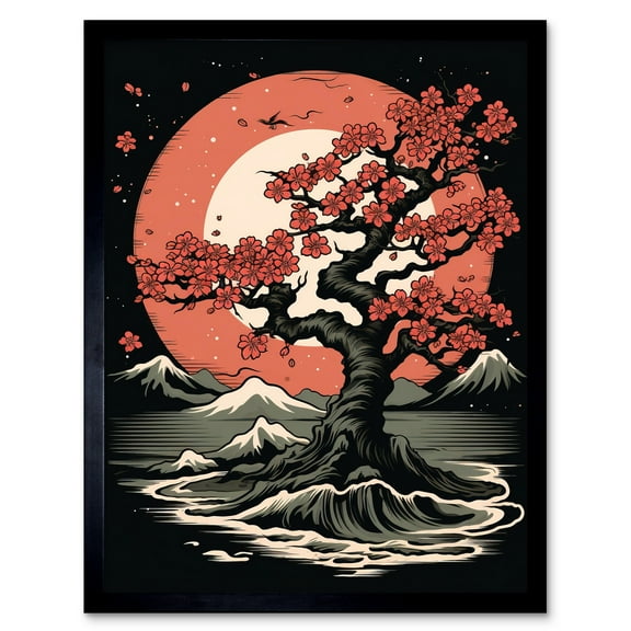 Japanese Cherry Tree at Sunset Landscape Rockabilly Americana 50s Art Print Framed Poster Wall Decor 12x16 inch