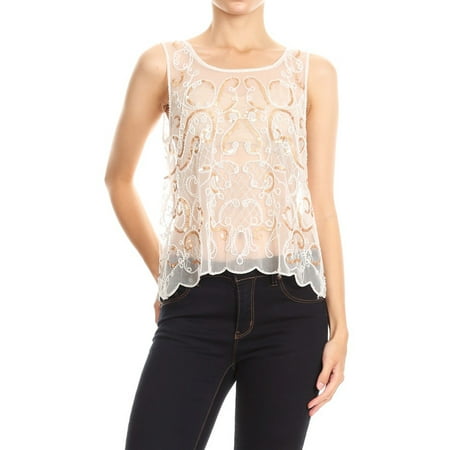 - Anna-Kaci Sexy Womens Lace Sheer Beaded Embroidered Sequin Mesh Sleeveless Tank Tops