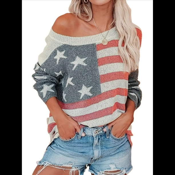 Suéter con Bandera Estadounidense para Mujer, Sudadera de Punto, Larga, Holgado, para Invierno y Otoño, Color L