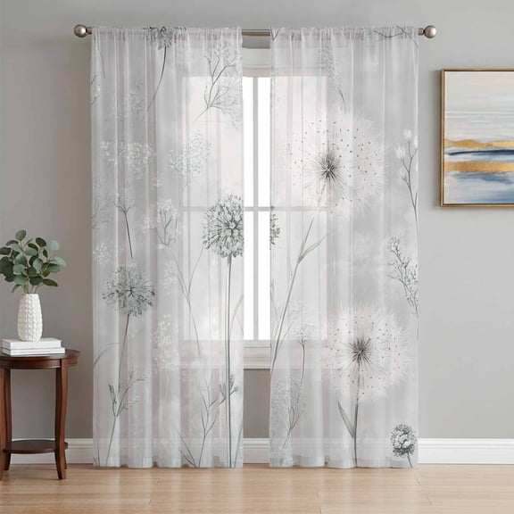 White Green Dandelion Sheer Curtains 96 Inch Length 2 Panels Set, Grey Floral Leaves Voile Window Treatment Semi Sheer Long Curtains Drapes for Bedroom/Living Room/Kitchen 52"x96"x2