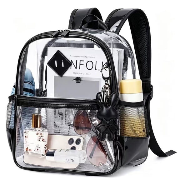 Xycwyp Clear Backpack, 12×6×12 Inch Thick Pvc Stadium Approved Transparent Bag with Front Pocket, Black, for Concerts, Sports Events, Work, Travel and School