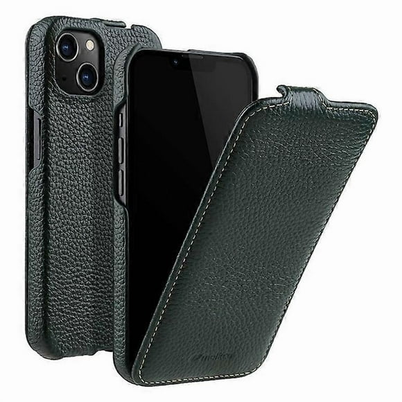 MELKCO Compatible For iPhone 13 Vertical Flip Phone Case Litchi Texture Genuine Cow Leather+PC Protective Shell Cover