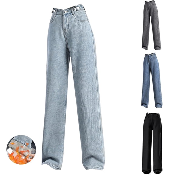 Women's Winter Casual Straight Pants with Plus Fleece - Jeans Style Warm Pants for Outdoor Activities and Seasonal Wear,Black,XL