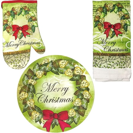 

FLOMO Christmas/Holiday Printed Kitchen Oven Mitt Towel and Plate Set (Wreath)