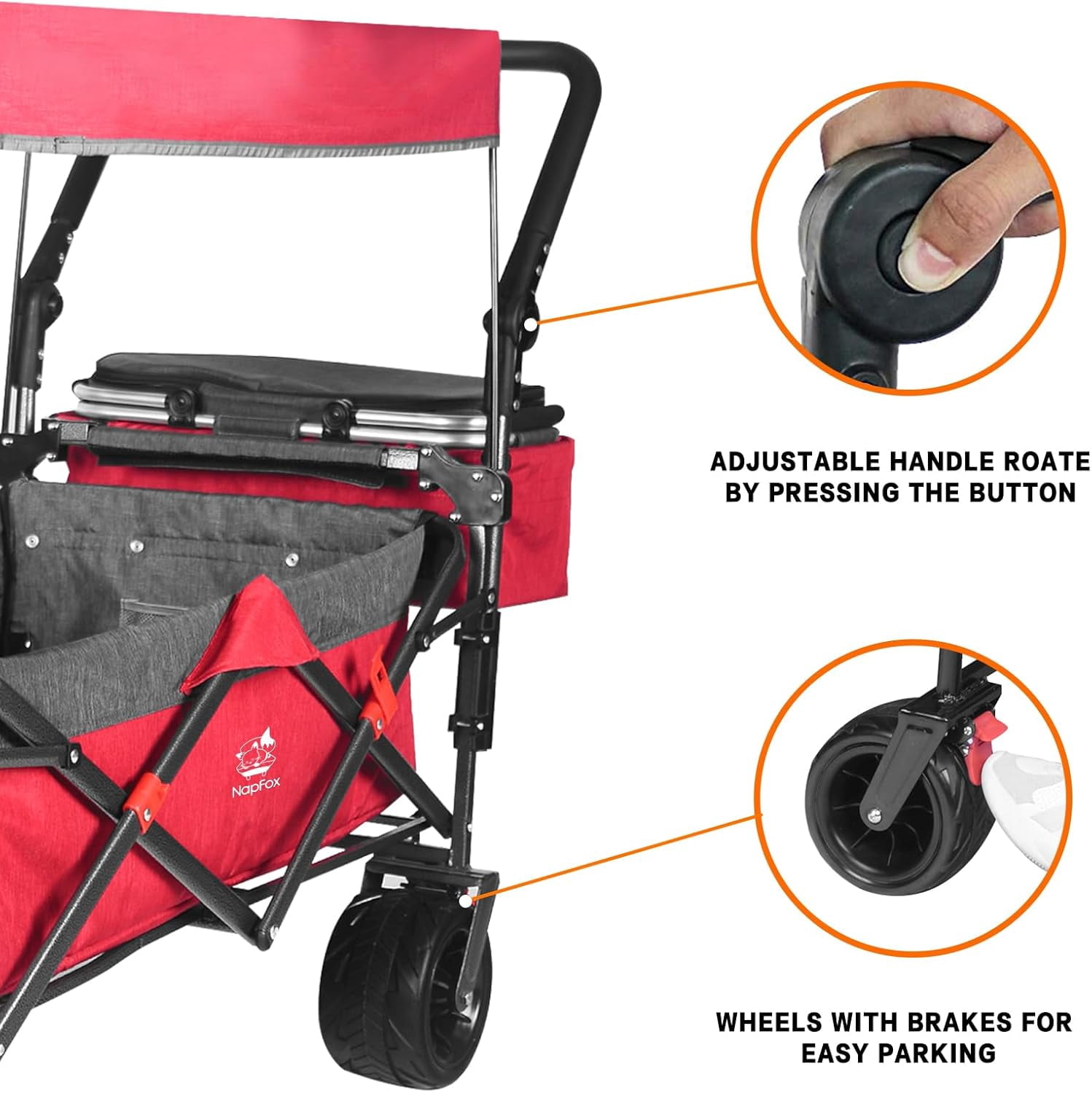 Collapsible Wagon cart with Removable Canopy, Large All Terrain Wheels, Brake, Adjustable Handles, Cooler Bag, Grey Red