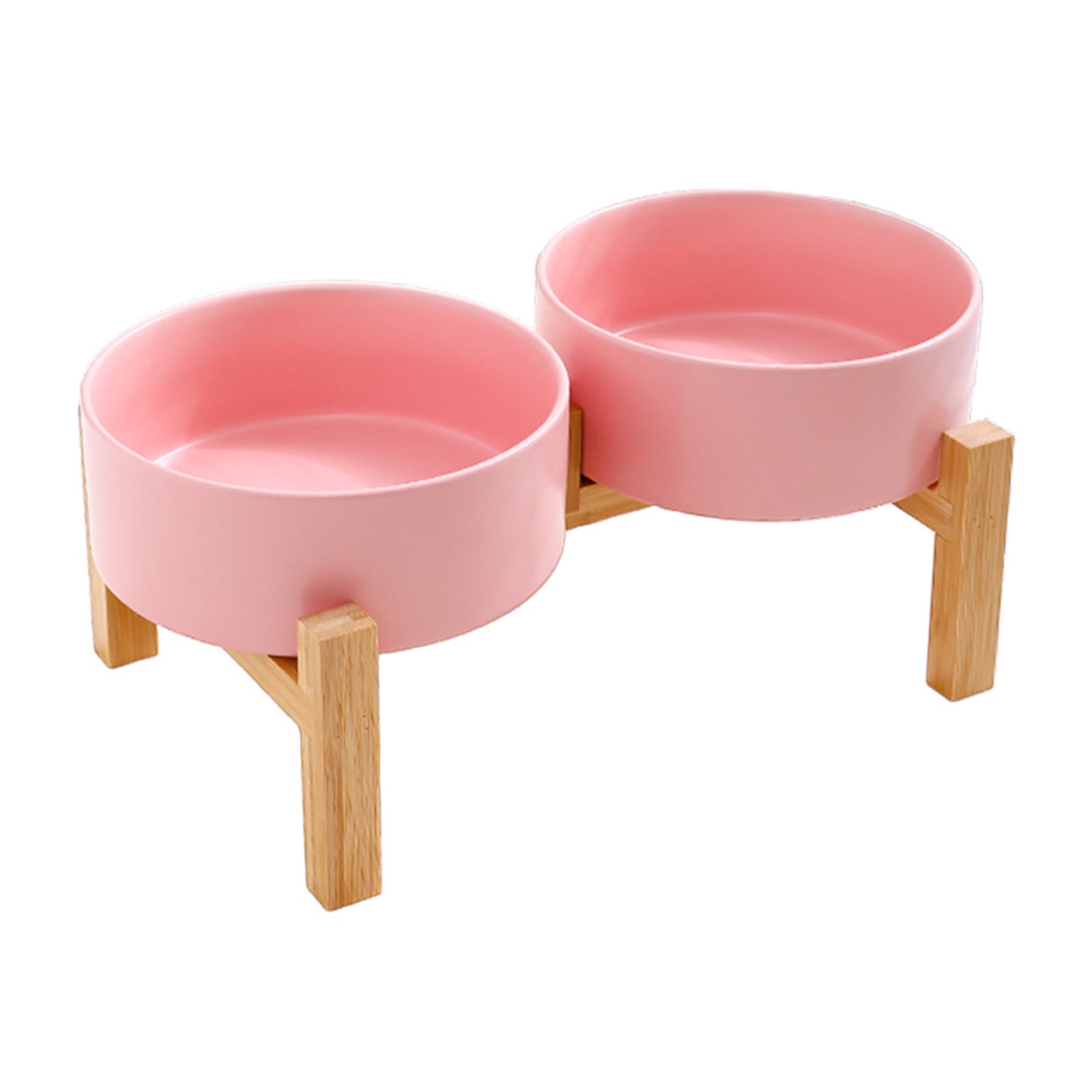 Ceramic Pet Double Bowl Dish Set with Wood Base Small Dog and Cats Feeding Station NonSpill Design for Home Use