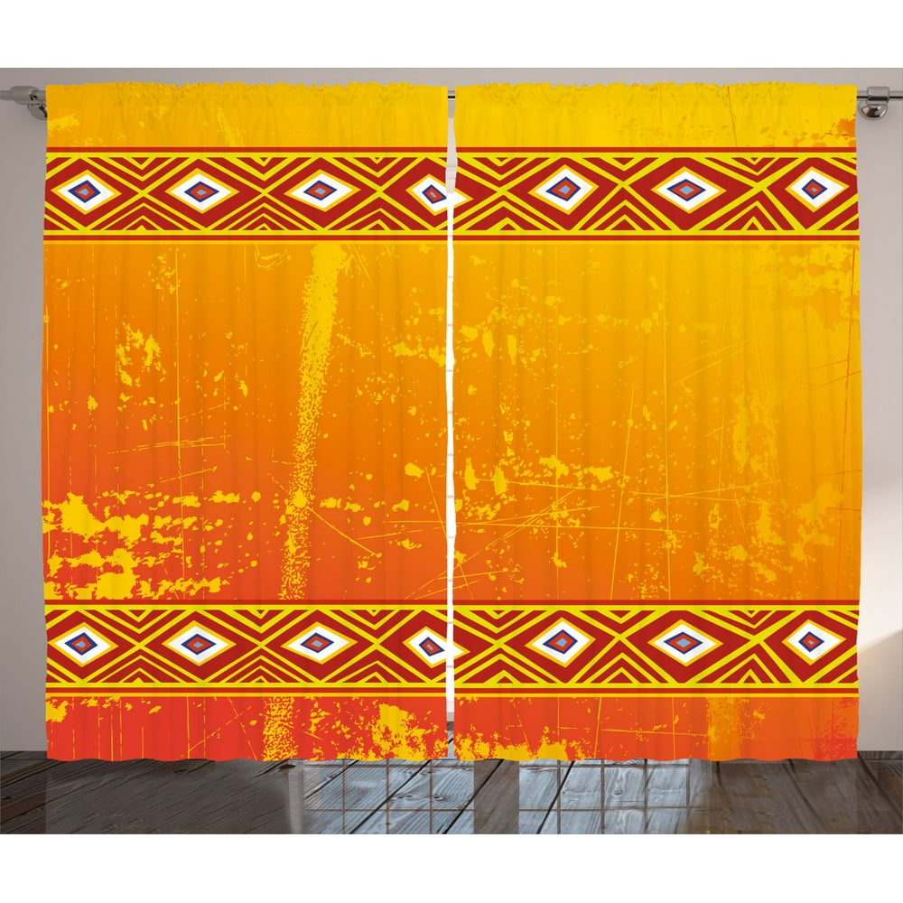 African Curtains 2 Panels Set, Tribal Theme Ethnic African Grunge