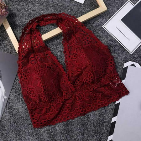 

Women Deep V-Neck Halter Sleeveless Ladies Underwear Detachable Chest Pad Lace Print Patchwork Camisole