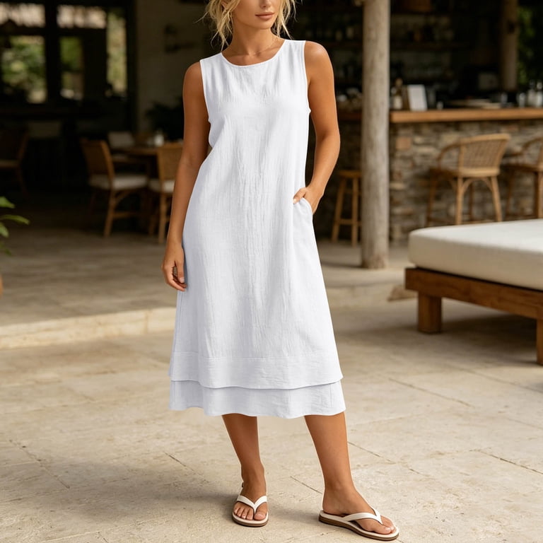 white midi shift dress White Cotton Poplin Midi Dress Women Sleeveless Casual Summer Shift Dress Loose