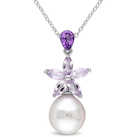 Tangelo 9.5-10mm White Rice Cultured Freshwater Pearl with 1-1/2 Carat T.G.W. Amethyst and Rose de France Sterling Silver Flower Drop Pendant, 18