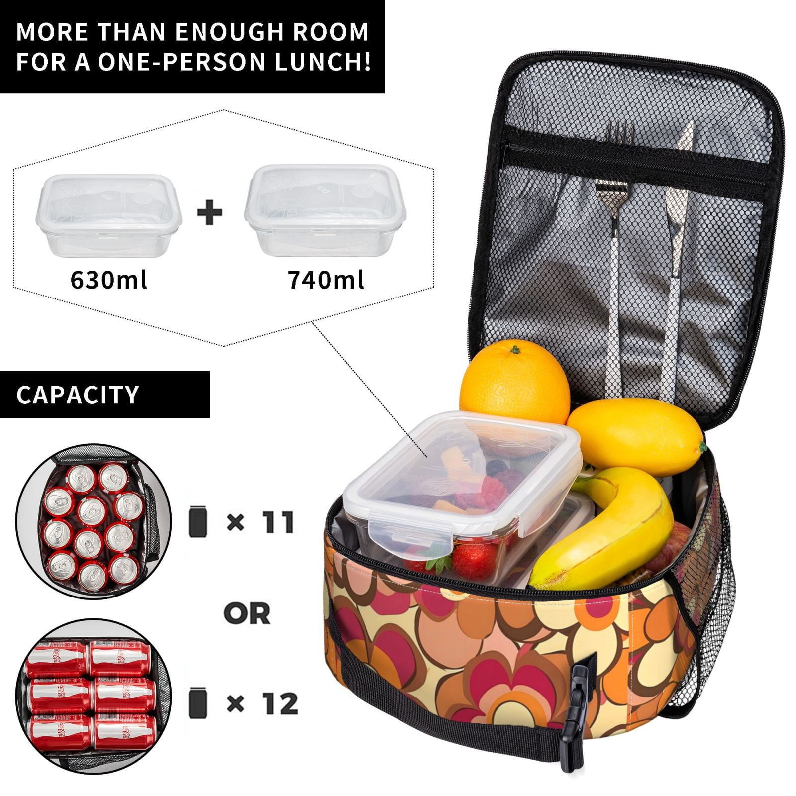 Lunch Bag For Women Men Insulated Portable Lunch Box Bento Box Office Picnic Travel Cooler Bag Retro Groovy Flowers Pattern (13)