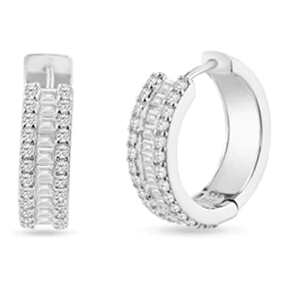 Sterling Silver .925 Earrings Pave Huggie Hoop 20mm Rhodium Plated Jewelry