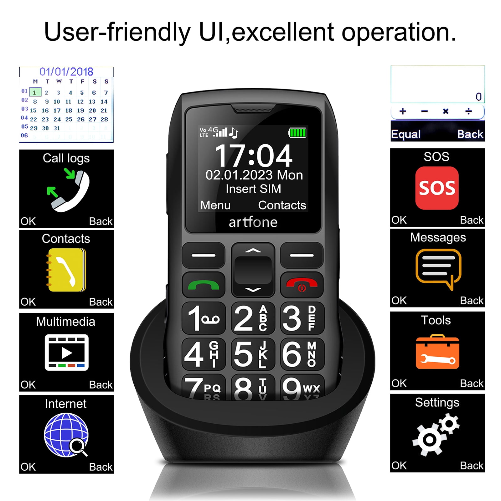 artfone C1+4G VoLTE SIM-Free & Unlocked Mobile Phones, Senior Basic Big Button Mobile Phones C1 4G  for Elderly People with SOS Alarm Call Button,1800mAh Battery, Torch, FM Radio, USB-C, Black