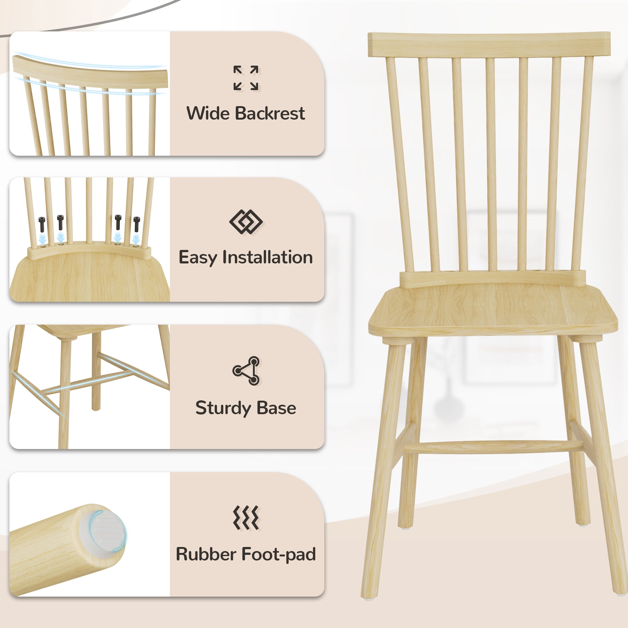 Homall Wood Windsor Dining Chair Set of 4,Farmhouse Spindle Back Chair for Kitchen & Dining Room,Natural Color