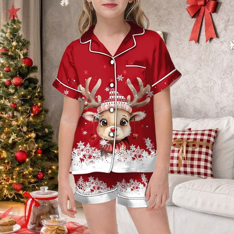 PIOMLL Christmas Pajamas For Girls Set Printed Short Sleeved Button Top  Shorts Red Ladies Pyjamas Sets 12-13 Years