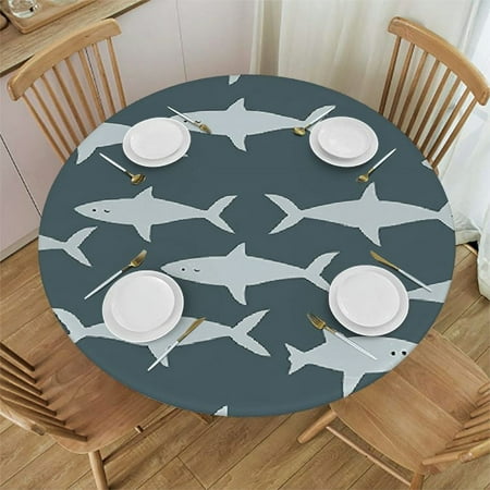 Nawypu Waterproof Round Fitted Table Cover, Sharks Fish Silhouette Blue Elastic Edged Tablecloth, Wipeable Circular Table Cover for Kitchen, Parties, Buffet Table