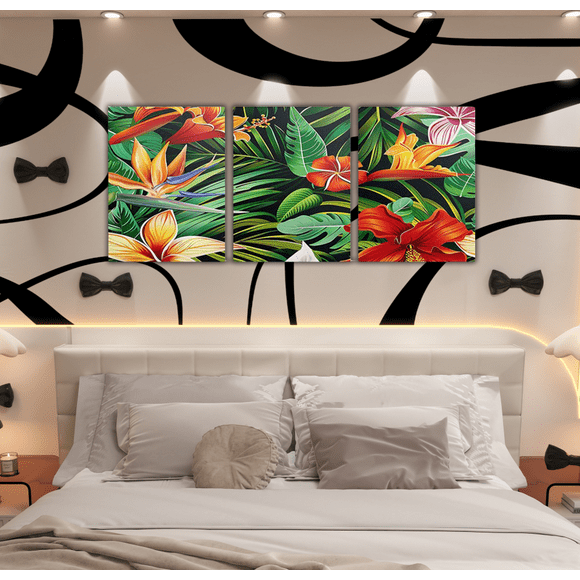 Erosebridal Tropical Flower Canvas Wall Art Set of 3, Botanical Floral Framed Wall Art for Living Room, Palm Tree Leaf Wall Decor for Kitchen, Luxury Bedroom Decoration