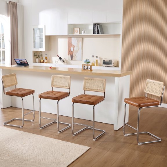 Zesthouse 26″ Natural Rattan Counter Stools Set of 4, Mid Century Modern Bar Stools with Cane Back & Chrome Legs, Cantilevered Design, Upholstered Faux Leather Barstools for Kitchen Island, Brown