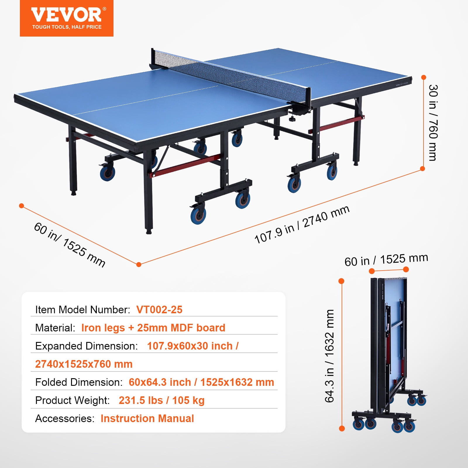 VEVOR Ping Pong Table,Professional Table Tennis Game, Indoor MDF Portable Table Tennis Table, Foldable Ping Pong Table with Quick Clamp Net and Lockable Wheel,10 Minute Easy Assembly,25mm Tabletops