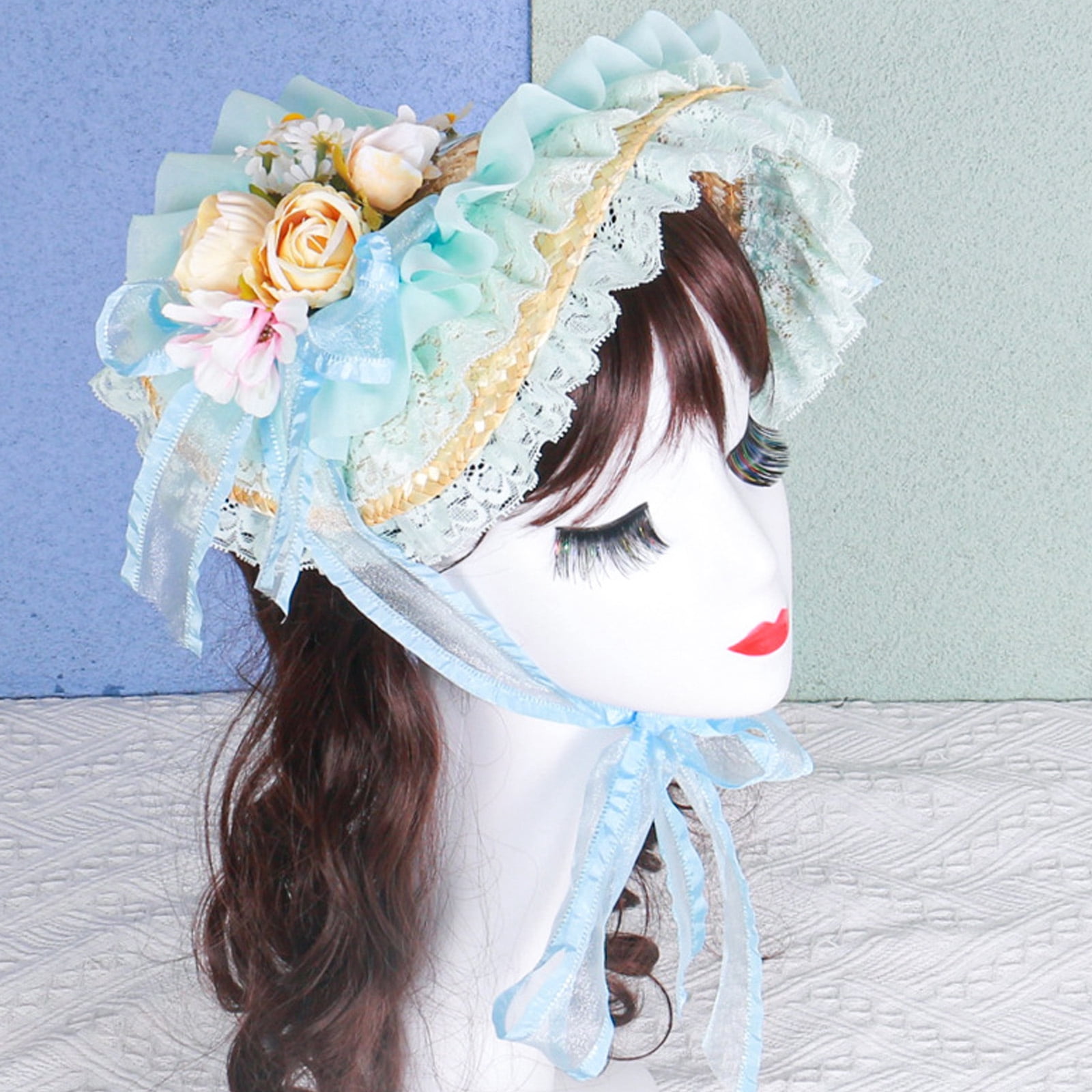 Breathable Straw Bonnet Hat Comfortable Victorian Theme Fascinator Hat With Lace Trim and Flower For Cosplay Gatherings